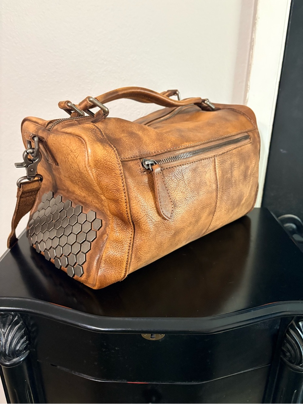 Leather Tan Speedy/DuffelBag with Hex Stud Accents